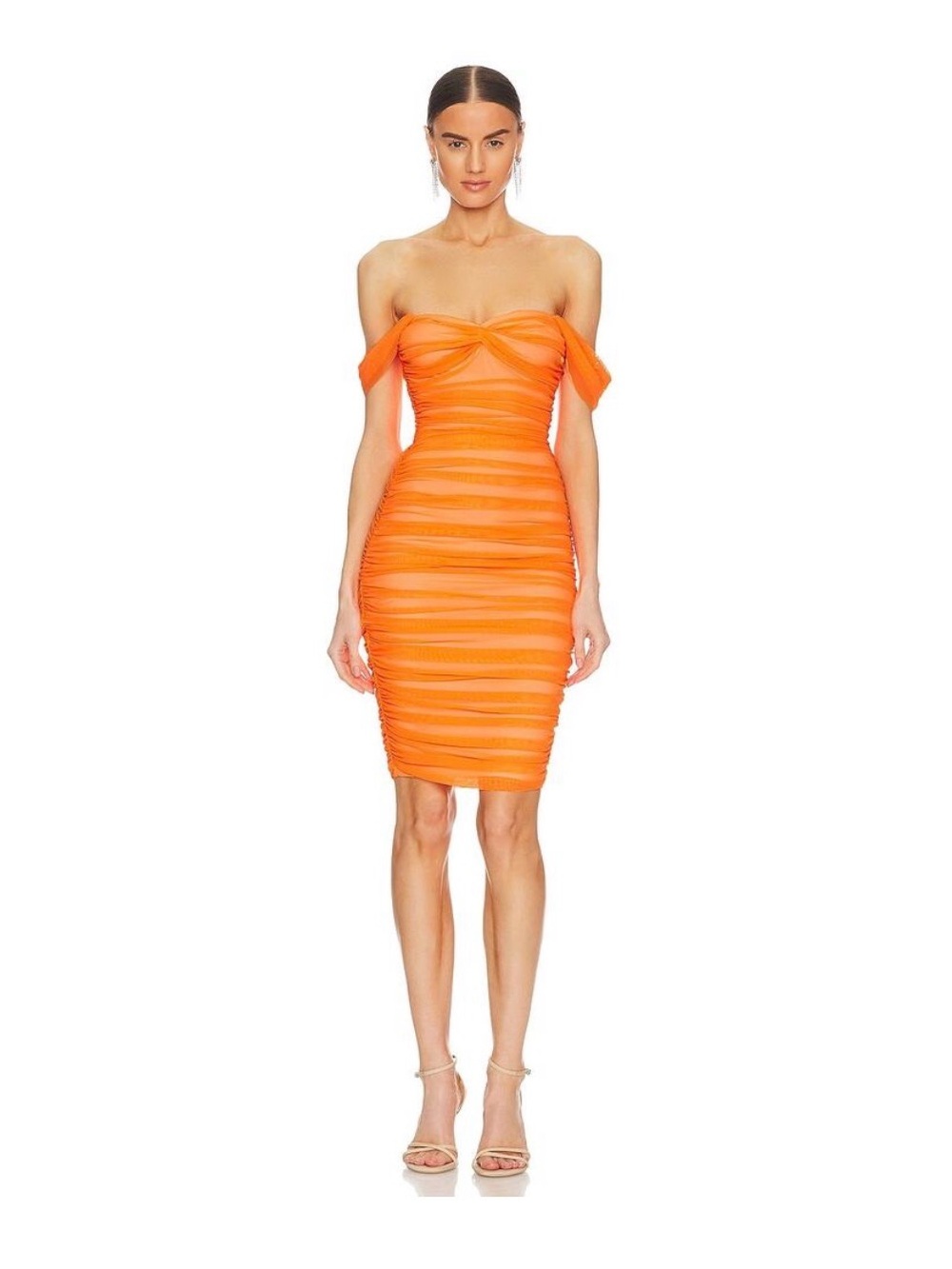 Norma Kamali Walter Dress Ruched Mesh Winglet Flutter Sleeves Neon Orange Size S